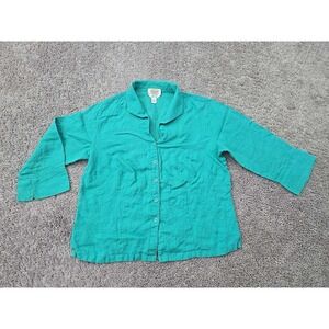 Talbots Button Up Shirt Womens 12W Turquoise 3/4 Sleeve Irish‎ Linen Casual